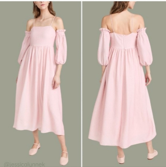 NWT Sister Jane DREAM Off Shoulder Long Puff Sleeve Midi Cami Dress Pink Small - Picture 3 of 13